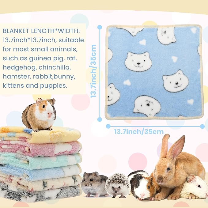 Guinea Pig Bedding Blankets - 6 Pack Soft Fleece Liner Small Animal Cage Accessories for Rat Hedgehog Chinchilla Hamster Rabbit Bunny, Washable Sleep Mat Bedding Accessories (13.7"*13.7")