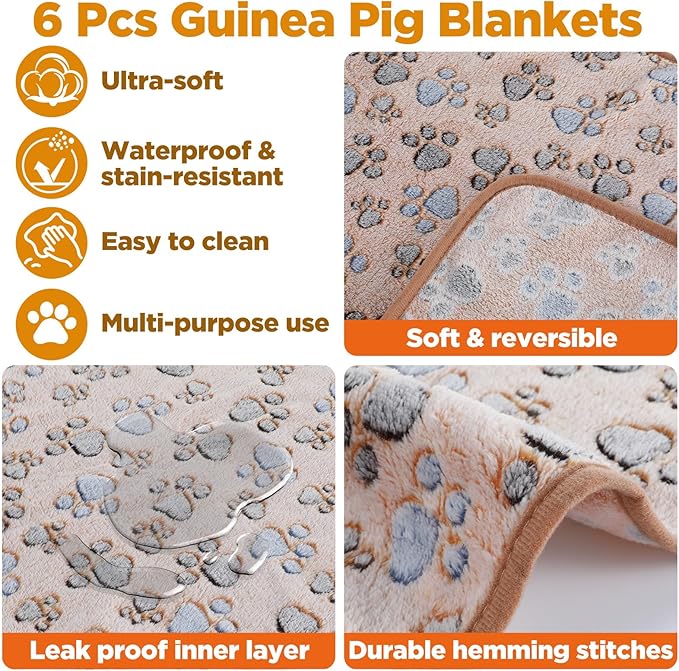6 Pcs Guinea Pig Blankets - Soft Flannel Fleece Bedding, Washable & Reversible Small Animal Cage Liners for Hamster, Rabbit, Chinchilla (16"x24", Multi-Color)