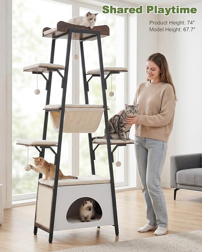 74-Inch Modern Cat Tree Tower for Large Cats, Multi-Level Cat Tower with Scratching Board, Large Perch, Hammock, Removable Pads, White