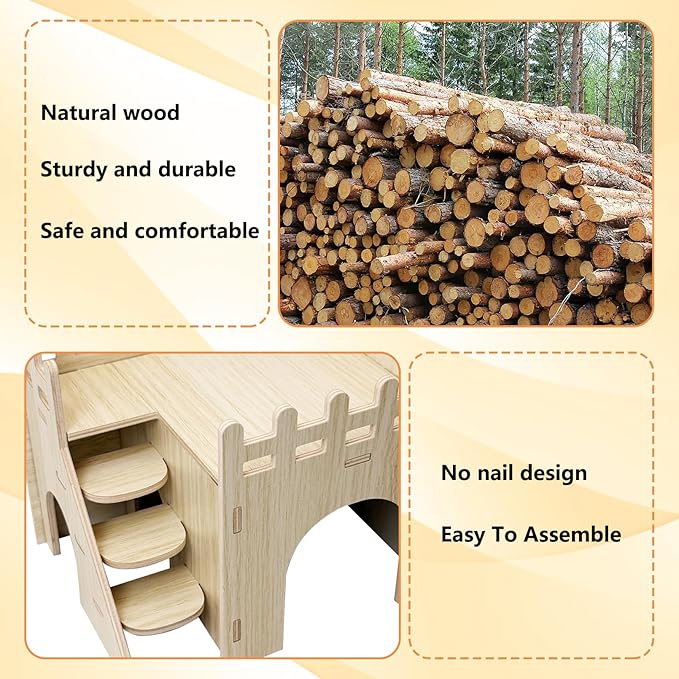 BNOSDM Hamster Hideout Set Gerbil Wooden House with Stairs Wood Hide Hut with Fun Slid Seesaw Cage Accessories for Dwarf Hamsters Mouse Mice
