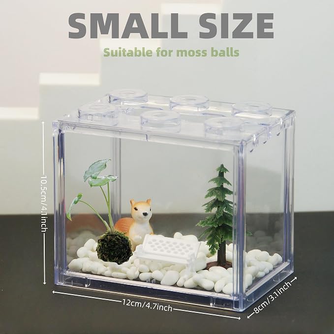 Small Sea Monkey Tank, Stackable Mini Betta Fish Tank Tinny Aquarium Kit with Aquarium Gravel, Moss Ball Tank Shrimp Tank 0.27 Gallon Acrylic Cube Fish Bowl for Shrimp Snails
