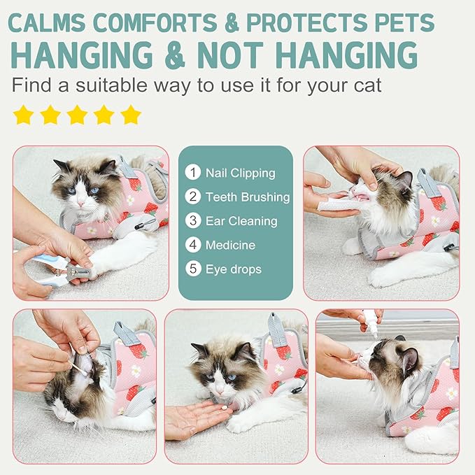 Supet Cat Grooming Hammock Harness for Nail Trimming, Cat Grooming Hanging Sling for Nail Clipping, Pet Restraint Holder for Cutting Nails, Medicine, Ear & Teeth Cleaning, Eye Care (Strawberry S)