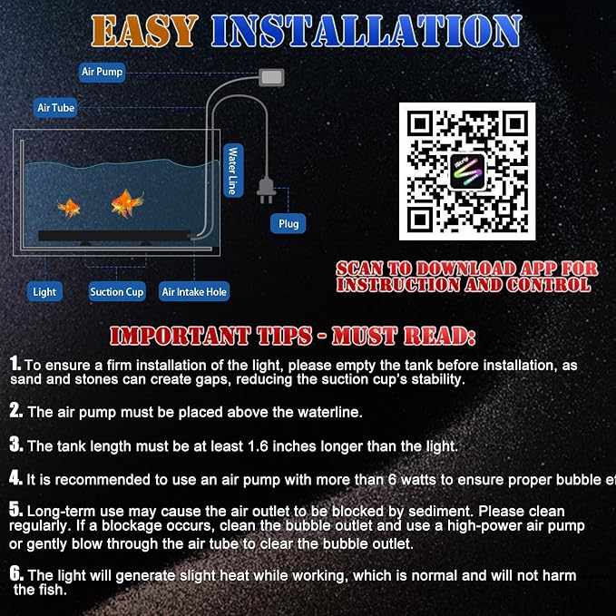Smart App-Controlled LED Aquarium Light with 16 Million Colors, 12 Dynamic Effects, Fish Tank Light with Nano Air Bubble for Aquarium Bubbler Decorations, Submersible Fish Tank Accessories - 9.3''
