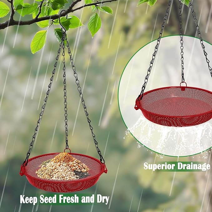Hanging Bird Feeder for Outdoors – 9 in Metal Mesh Bird Feeder Tray Platform for Small Wild Birds, Red
