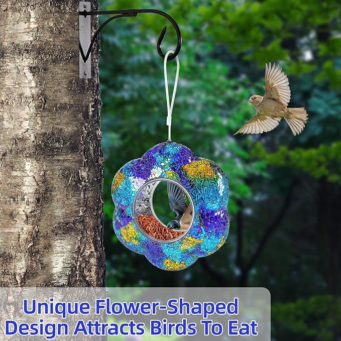 VOREEN Mosaic Glass Bird Feeder, Handcrafted Hanging Fly-Through Feeder for Outdoor Garden & Backyard, Blue Flower Mosaic Style