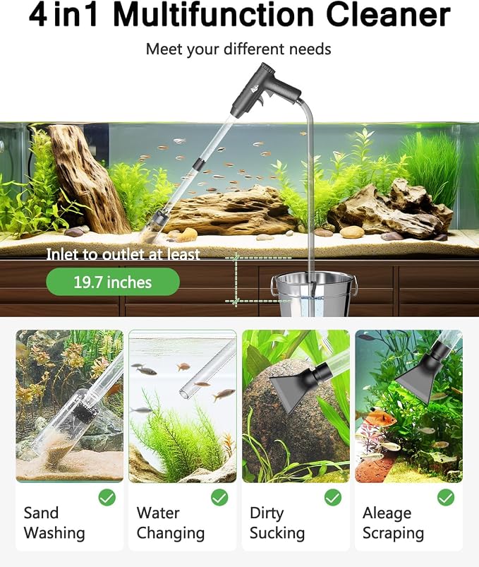 AQQA 4-in-1 Aquarium Gravel Cleaner, Adjustable Flow Fish Tank Vacuum | Multi-use for Water Changing, Gravel Sand Cleaning, Dirty Sucking, Ergonomic Design for Daily Fish Tank Maintenance