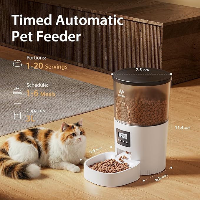 IMIPAW Automatic Cat Feeders, 3L Timed Cat Dry Food Dispenser with Desiccant Bags, Dual Power Supply, Programmable Portion Size, 6 Meals, 20 Portions Per Day, Auto Pet Feeder for Cats and Small Dogs