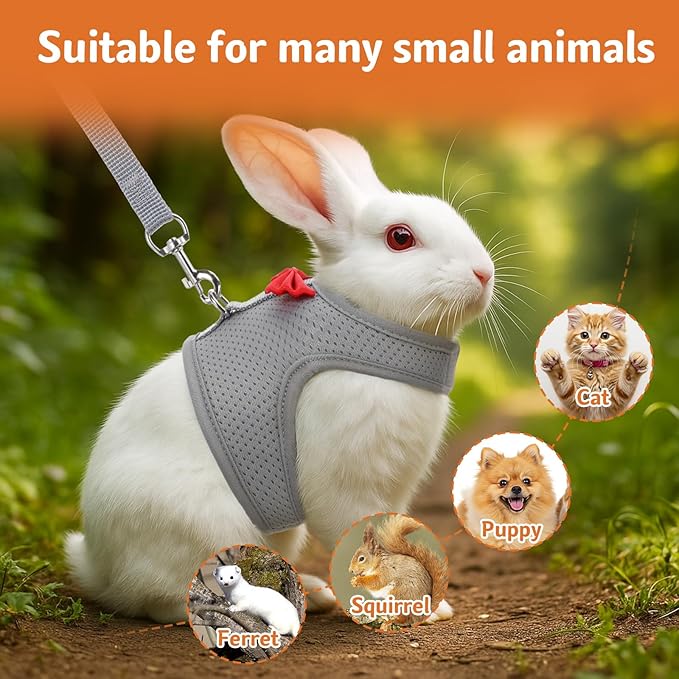 Bunny Harness and Leash Set, Soft Breathable Mesh Rabbit Leash Vest with Safety Buckles, Lightweight Escape-Proof Walking Gear for Rabbits, Kittens, Ferrets, Guinea Pigs, Grey M