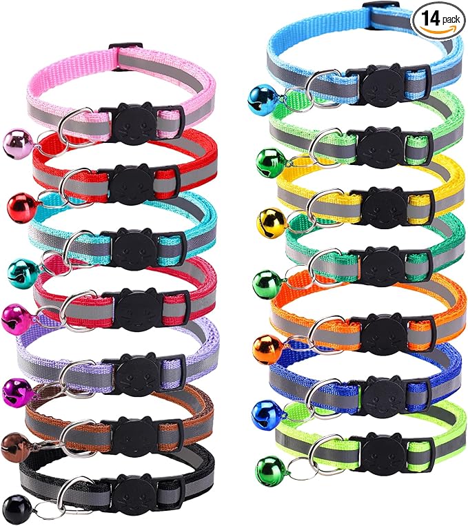 14 Pack Breakaway Cat Collar with Bell, Reflective Kitten Collar for Girl Boy Cats, Safety Buckle Adjustable 7.5-12.5 Inch, 0.4 Inch Width Lightweight, Pet Gifts (Multi-Colored)