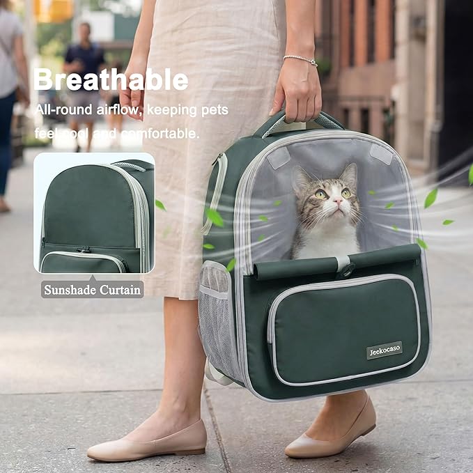 Cat Backpack Carrier Expandable, Breathable Mesh & Lockable Zippers & Shaded Curtains & Multi-Entry, Pet Backpack for Kitty Puppy Small Dogs Up to 18lbs for Travel, Hiking, Car, Vet(Green)