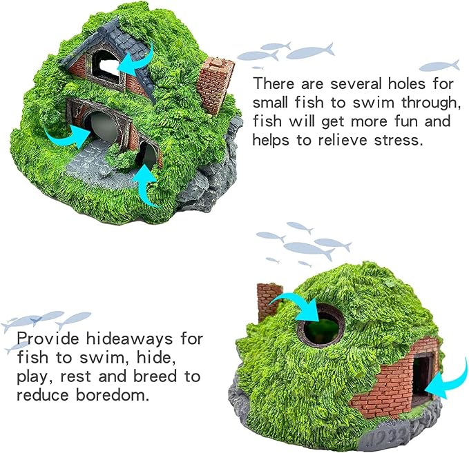 Tfwadmx Fish Tank Hobbit Decorations,Resin Small Fish Cave Hideout House,Aquarium Decor Hide Hole Shelter Hut Ornaments Mini Garden Decorating Accessories