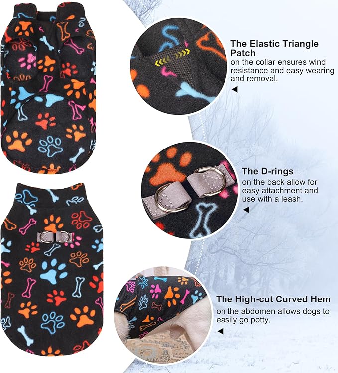 BEAUTYZOO Small Dog Sweater Fleece Vest Winter Jacket, D-Ring Leash Attachment for XS S Puppy Medium Sized Breeds Dogs, Cold Weather Dog Clothes Windproof Keep Warm, Black Bones Paw L