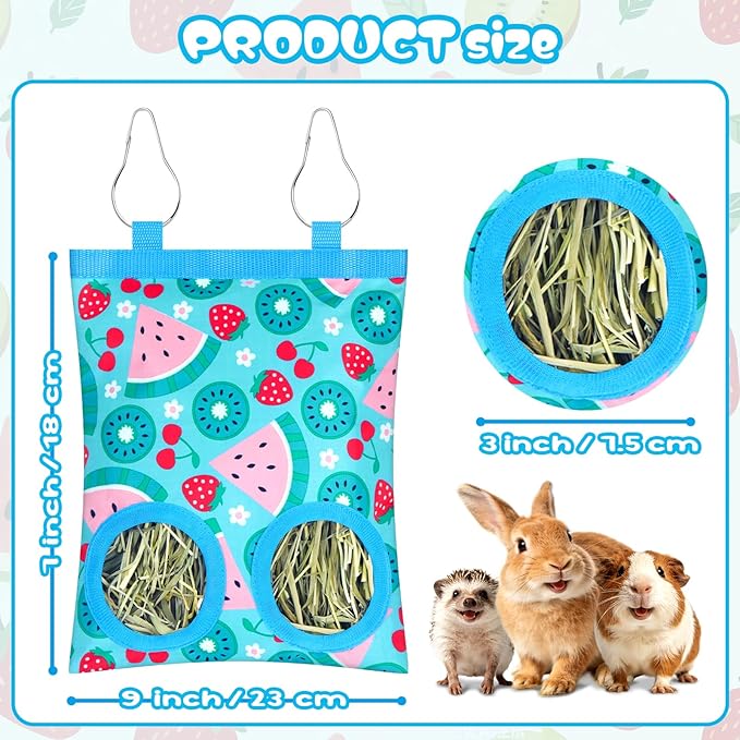 3 Pack Rabbits Hay Feeder Bag, 2 Holes Hanging Bunny Hay Feeder Guinea Pig Feeding Bag Storage Dispenser for Bunny Rabbits Chinchillas Hamsters Small Pets and Animals