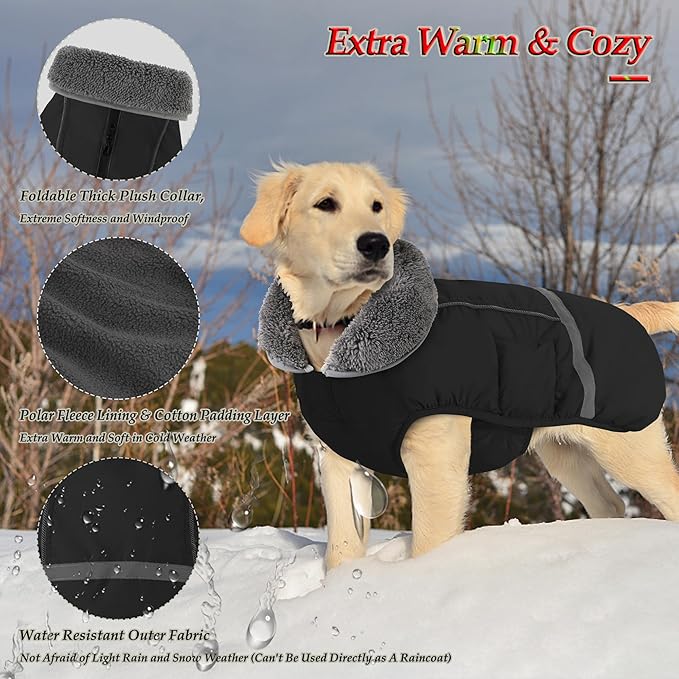 Dogcheer Warm Dog Coat, Waterproof Dog Jacket Christmas Puppy Winter Coat with Buckle, Reflective Adjustable Pet Snow Jacket Turtleneck Fleece Sweater for Small Medium Large Dogs - Black, M