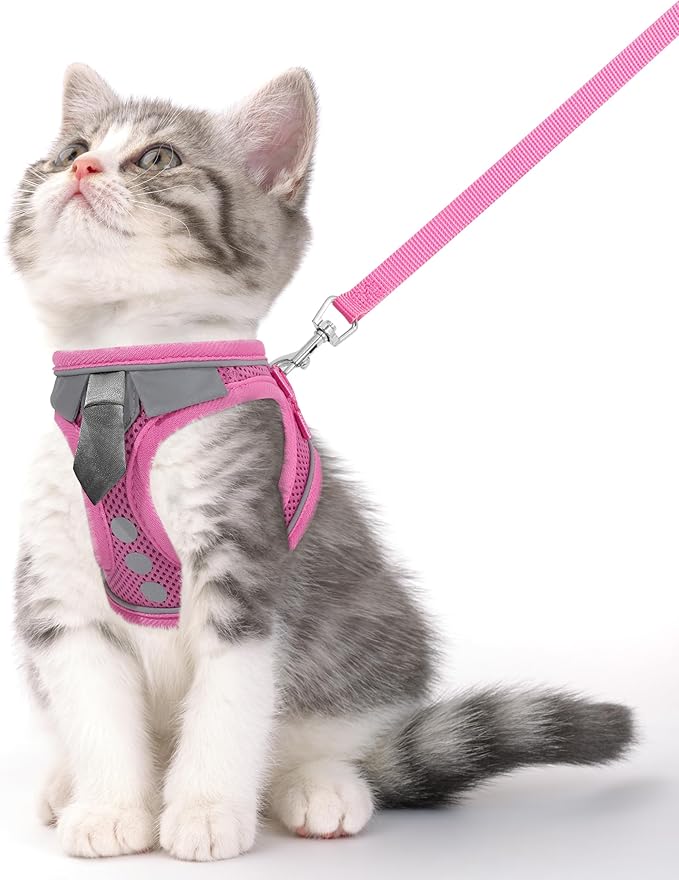 Cat Harness and Leash Set for Walking Escape Proof, Soft Adjustable Kitten Harness Breathable Mesh with Reflective Strips Harness for Kitty Puppy Bunny(Pink,S)