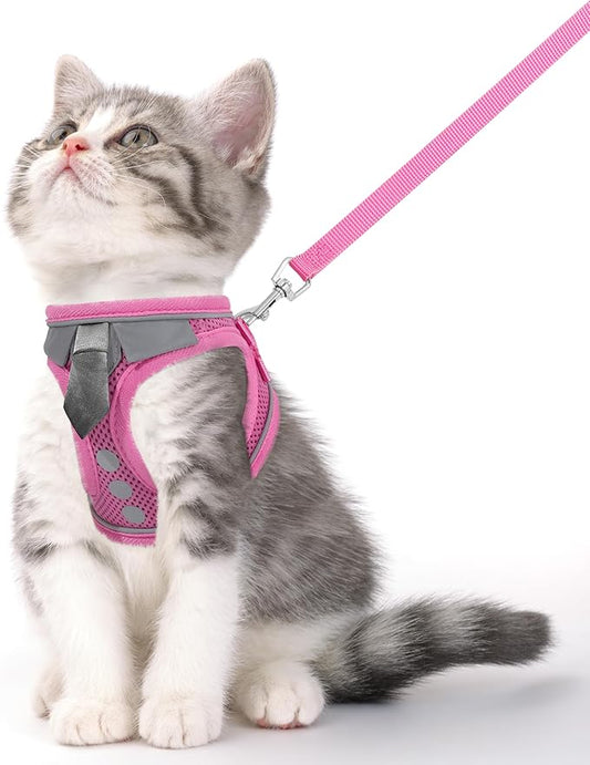 Cat Harness and Leash Set for Walking Escape Proof, Soft Adjustable Kitten Harness Breathable Mesh with Reflective Strips Harness for Kitty Puppy Bunny(Pink,S)