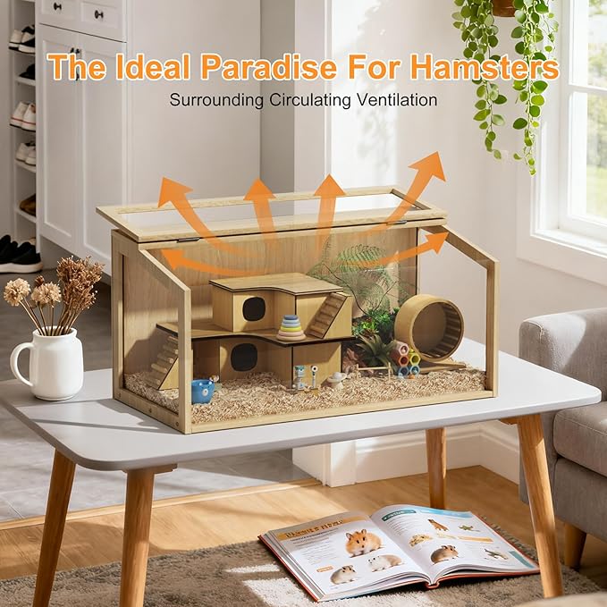Hamster Cage: Wooden Small Animal Cage with Warm Light - 24inch Clear Chewy Proof Hamster House with Openable Breathable Top