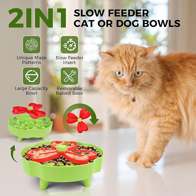 Elevated Slow Feeder Bowl for Cats and Dogs - Raised Puzzle Food Dish with Non-Slip Stand, Anti-Choke Maze Design for Fast Eaters, Indoor Pets - Improves Digestion for Kittens, Puppies (Green)