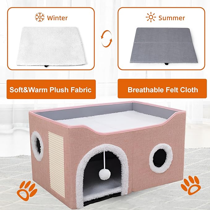 Loyareal Cat Houses for Indoor Cats - Large Cat Bed Cave with Scratch Pad and Fluffy Ball, Foldable Cat Condo Hideaway with Reversible Cushion for Multi Small Pet, Pink