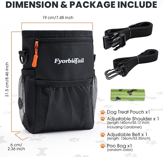 Dog Treat Pouch, 4 Cup Waterproof Dog Training Bag, Hands-Free 3 Ways to Wear, Magnetic Closure, Multi-Pocket, with 2 Rolls Poop Bags (Black)