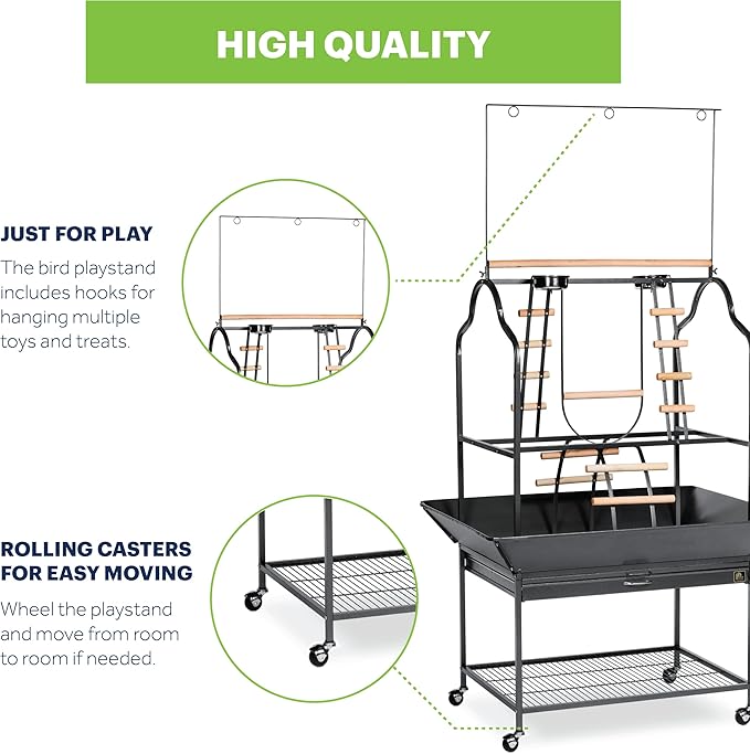 Prevue Pet Products Parrot Play Stand with Wheels - Rolling Bird Stand Play Center with Perches and Ladders, Indoor & Outdoor Playground for Birds with Swing, Enrichment Accessories - Black