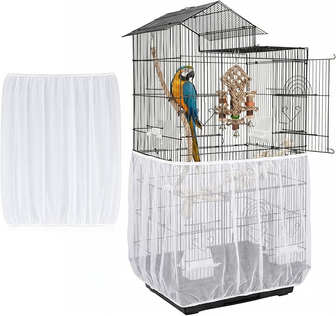 White Bird Cage Seed Catcher, Universal Bird Cage Seed Catcher Adjustable Soft Airy Nylon Mesh Net Lightweight Mesh Skirt for Parrot Cages Stops Scatter Round Square Cages