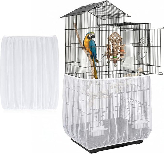 White Bird Cage Seed Catcher, Universal Bird Cage Seed Catcher Adjustable Soft Airy Nylon Mesh Net Lightweight Mesh Skirt for Parrot Cages Stops Scatter Round Square Cages