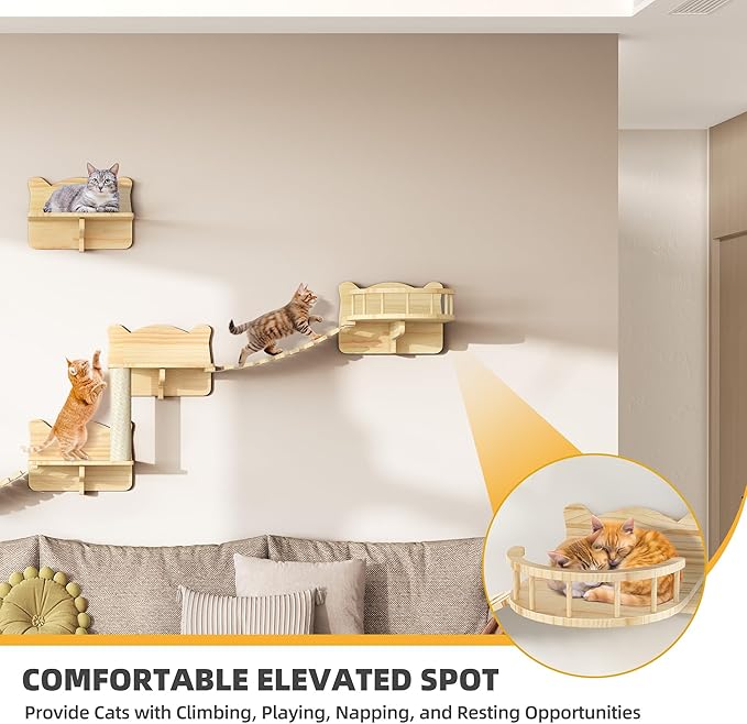 Cat Wall Shelves, Cat Shelves and Perches for Wall, Set of 9 Wooden Cats Shelf Furniture with Scratching Post, House, Condo, Bridge Ladder for Multiple Cats