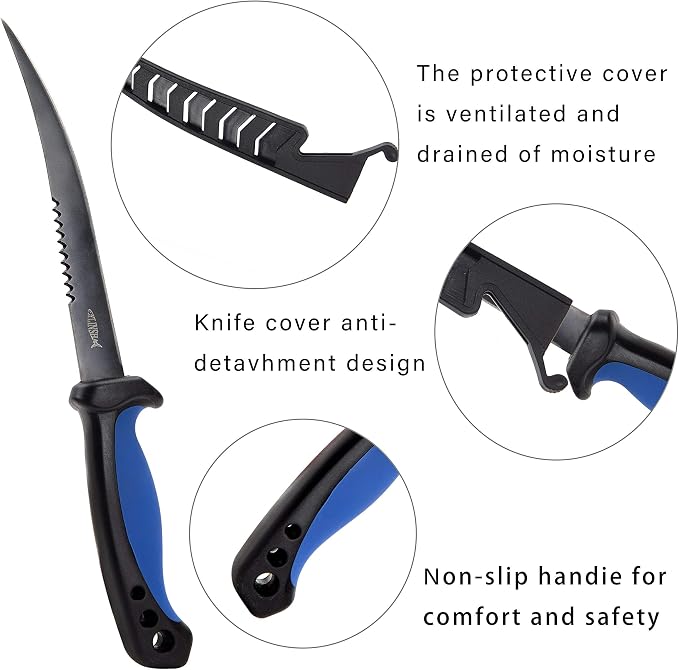 Fishing Knife, Fish Cleaning Kit 7 PC Set with Fish Knife, Fish Scale Cleaning Brush, Multi-Functional Scissors, Anti-Cutting Gloves, Fishbone Tweezers, Storage Bag