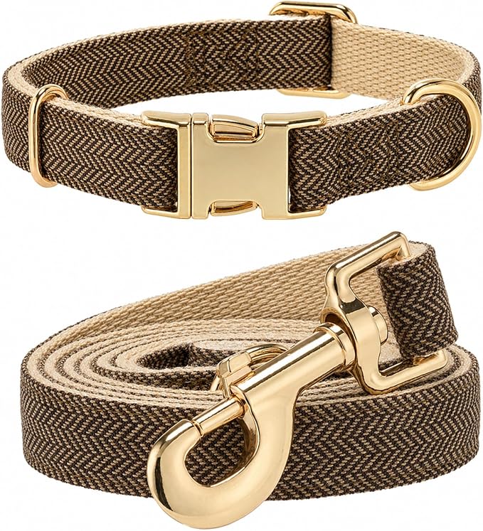 Herringbone Tweed Dog Collar and Leash Set for Small Dogs, Grey-Brown | Snag-free, no-rub design. Soft breathable cotton, gentle on fur. Adjustable durable matching combo for walks & outdoors.