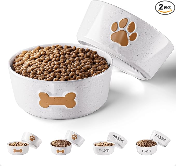 Ceramic Dog Bowl Set of 2 with Anti-Skid Base - 6.5" Wide x 2.5" Tall Ceramic Dog Bowls Medium Sized Dogs - 3.8 Cup Capacity Food and Water Bowls for Dogs - Rubber Bottom Pet Bowl Set of 2 Medium Size