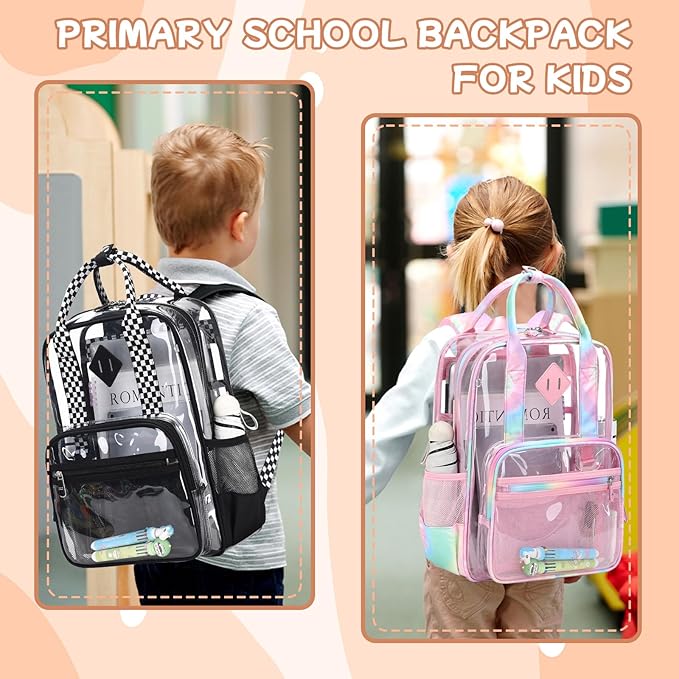MOONBABY Small Clear Backpack for School Transparent Bookbag for Kids Heavy Duty PVC See Through Backpack Stadium Approved