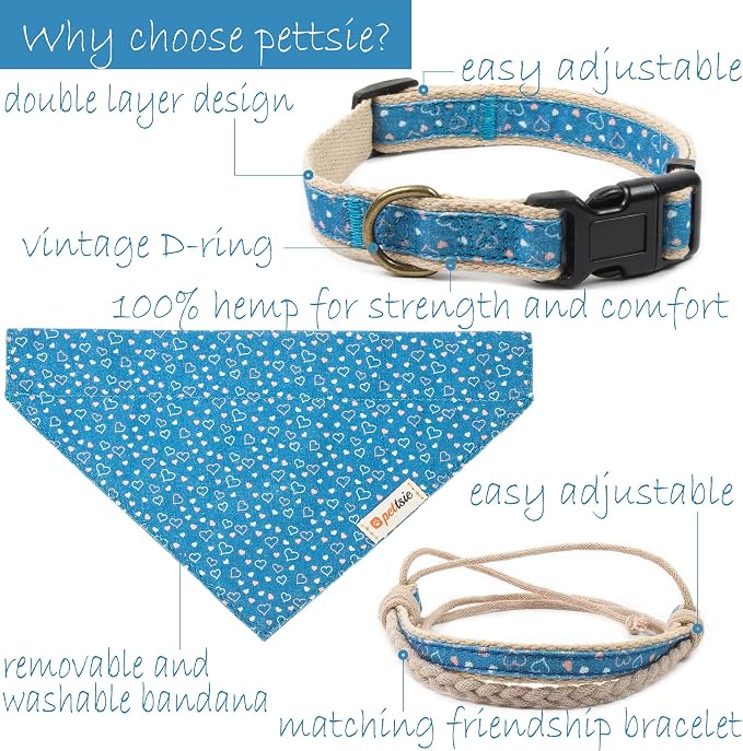 Pettsie Hemp Dog Bandana Collar & Matching Owner Friendship Bracelet | Soft & Durable Hemp, Removable Scarf, Matching Owner Friendship Bracelet, Gift-Ready Set