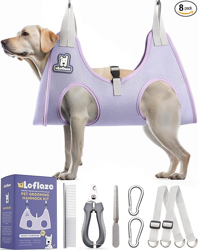 Loflaze Dog Grooming Hammock Harness for Dogs & Cats with Pet Nail Clipper Trimmer - Cat Hanger Sling for Trimming Clipping Nails- Dog Hammock Restraint Bag for Small Medium Large pet （ Purple XL）