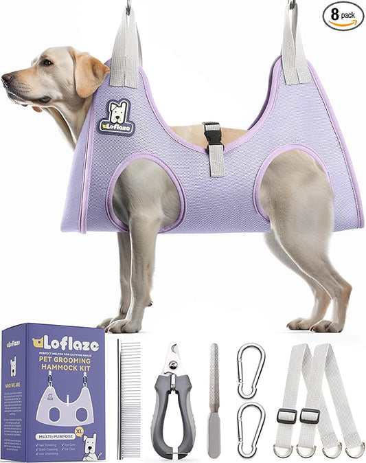 Loflaze Dog Grooming Hammock Harness for Dogs & Cats with Pet Nail Clipper Trimmer - Cat Hanger Sling for Trimming Clipping Nails- Dog Hammock Restraint Bag for Small Medium Large pet （ Purple XL）