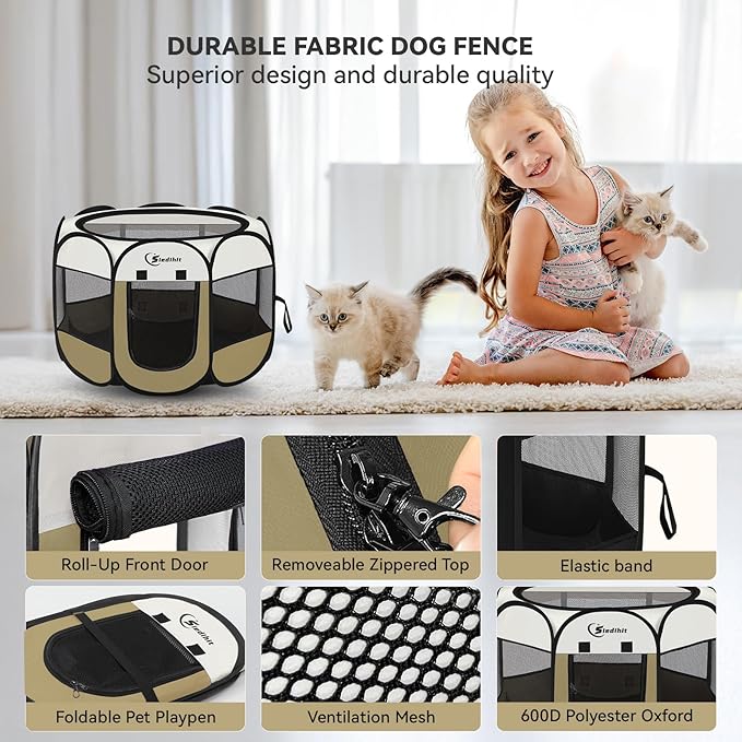 Siedihit Dog Cat Playpen, Small Puppy Pet Playpen, Dog Crate Tent Cage Indoor/Outdoor, Portable Pop Up Dogs Kennel Playpen with Carrying Case for Dogs/Cats/Rabbits(Khaki, Small)