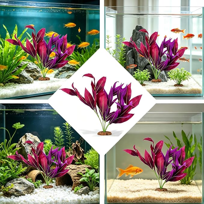 2PCS Silk Aquarium Plants, 14In Purple Silk Fish Tank Plants Decorations
