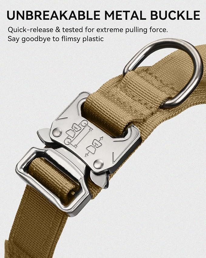 Joytale Tactical Dog Collar with Handle and Metal Buckle, Heavy Duty Padded Military Collar with 2 Patches for Training, Adjustable for Large Dogs, Khaki, L