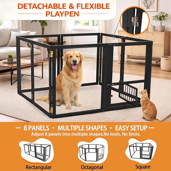 Acrylic Dog Playpen with Door, 27.5“ Height, Heavy Duty Clear Pet Pen, Dog Fence Crate Kennel Whelping Cage, Ideal for Small to Medium Dogs, Cats, and Other Small Pets (Black)