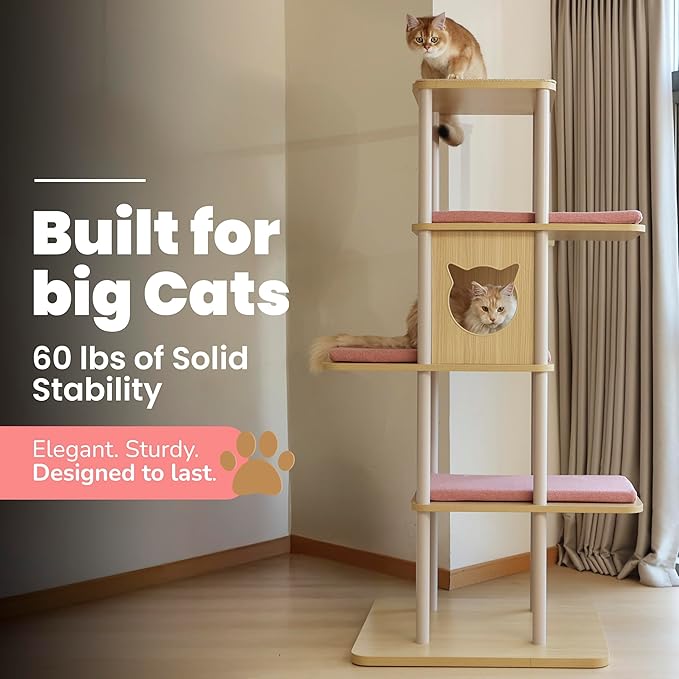 Modern Large Cat Tree, 62" Tall with XL 25.6" Platforms, 60 lbs Heavy Build — Redefining Cat Furniture with Stability, Space & Style for Big Cats (Pink)