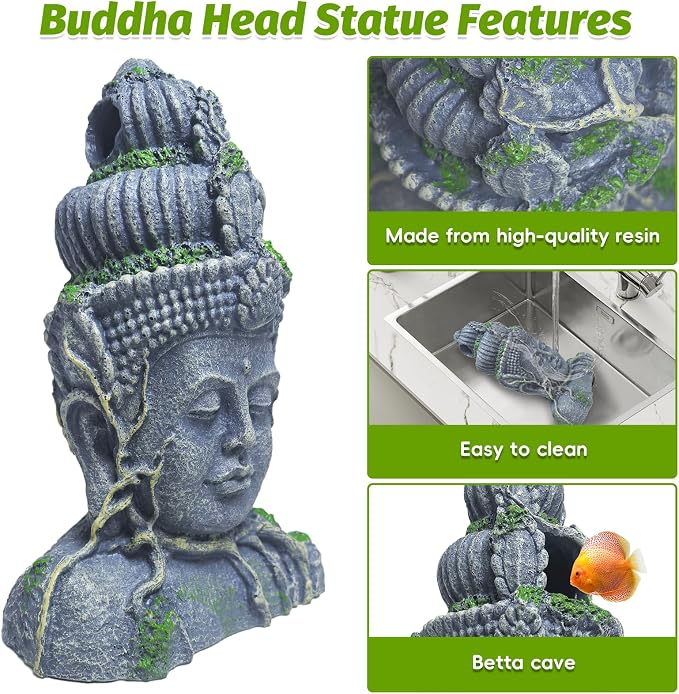 Hamiledyi Buddha Head Statue Aquarium Decorations Resin Fish Hideout Betta Cave for Large Fish Tank Ornaments Betta Sleep Rest Hide Play Breed(Small Size)