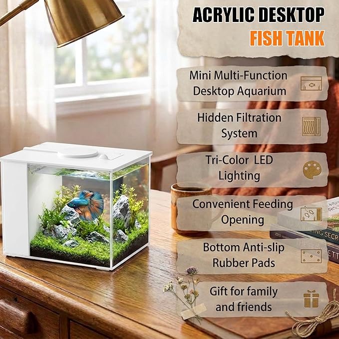 Vehipa 3.7L (1 Gal) Betta Fish Aquarium, Acrylic Small Fish Tank Kit White | Water Filter Pump & LED Light, Ideal for Small Fish, Plants and Shrimp