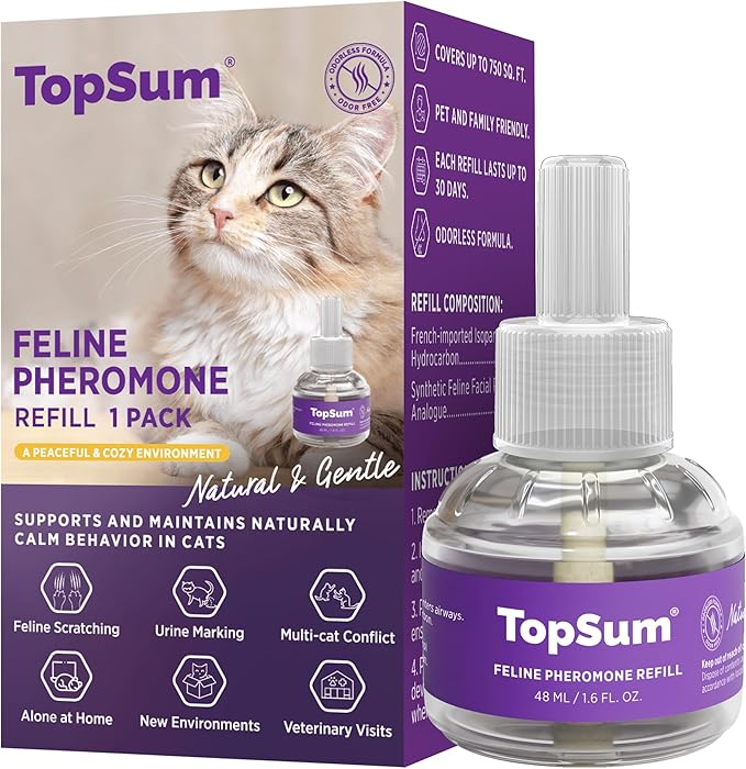 TopSum Cat Calming Pheromone Diffuser: Feline Pheromones Plug in for Stress, Along At Home, Spraying, Fighting, Scratching, Aggression & Excessive Meowing (Purple– 1 Refill)