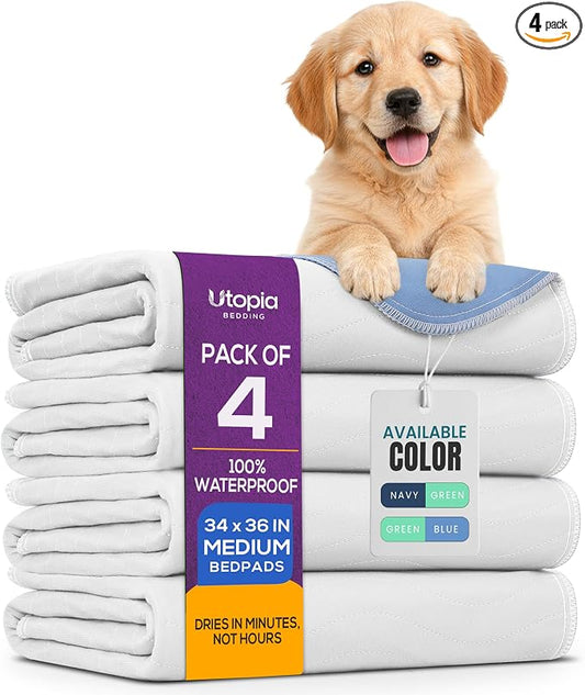 Utopia Bedding Washable Pee Pads for Dogs 34" x 36" (Pack of 4), Waterproof Incontinence Bed Pads for Adults, Elderly and Kids, Heavy Absorbency Pet Training Pads for Sofa and Couch (White, Blue)