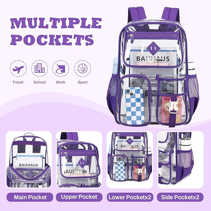 PIG PIG GIRL Clear Backpack for School,Heavy Duty PVC Transparent Bookbag for Girls Stadium Approved See Through Backpack