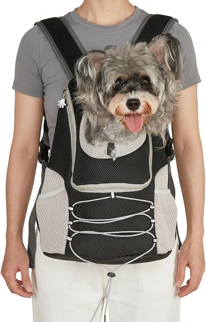 Dog Carrier Backpack for Small Dogs 2-15 lbs, Breathable Front Chest & Back Pet Carrier, Puppy Backpack with Safety Tether for Hiking Walking, Shoulder Bag for Dog, Black Grey (M)