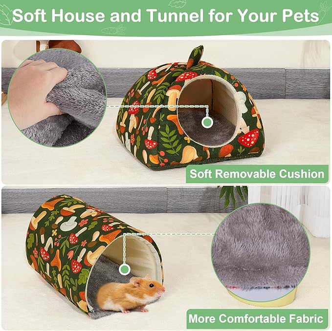 Bienbee Guinea Pig Hideout, Washable Guinea Pig Tunnel Set, 2 Pack Guinea Pigs Toys Guinea Pigs Cage Accessories for Small Animal Mouse Hamster Hedgehogs Rats, Green Mushroom