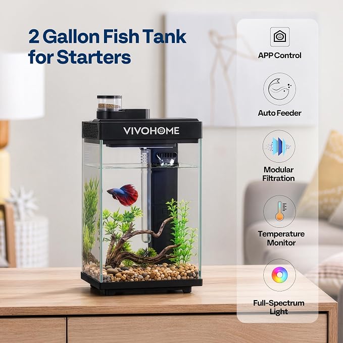VIVOHOME 2 Gallon Smart Fish Tank with APP Control and Auto Feeder | Aquarium Starter Kit with Filter and Pump, Temperature Display, RGB LED Light, Desktop Nano Aquascape Tank for Shrimp, Betta