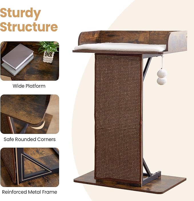 Modern Wood Cat Tree Tower for Indoor Large Cats, 33.8-Inch Tall Wooden Cat Trees with Big Perch Bed, Cat Scratching Pads, Washable Cushions and Scratching Mat, Cat Furniture, Rustic Brown