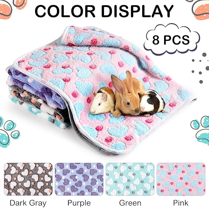Tudomro 8 Pcs Guinea Pig Blankets Washable Small Pet Fleece Bedding Cage Liners Double Sided Pet Reusable Sleep Mat Pad Cover for Ferret Chinchilla Furniture Protection(Heart,14 x 28 Inch)